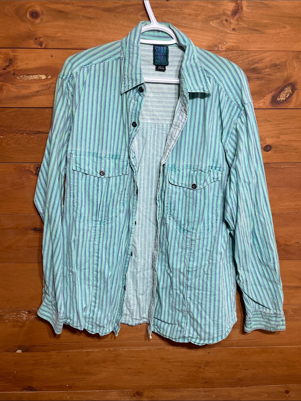 Early 1990’s original.Green & White Striped Button-Up Shirt
